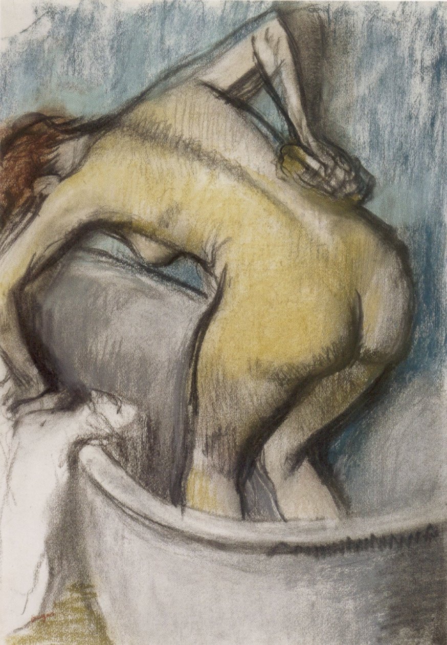 Badekvinden støtter ryggen, pastel på papir, ca. 1887 af Edgar Degas