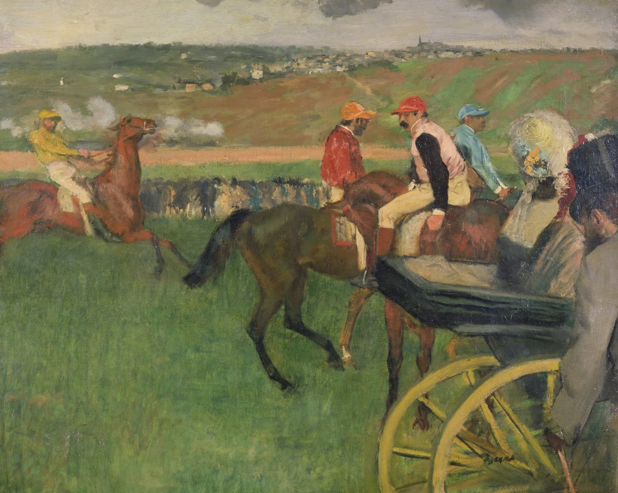 Væddeløbsbanen - amatørjockeyer ved en vogn, ca.1876-87 af Edgar Degas