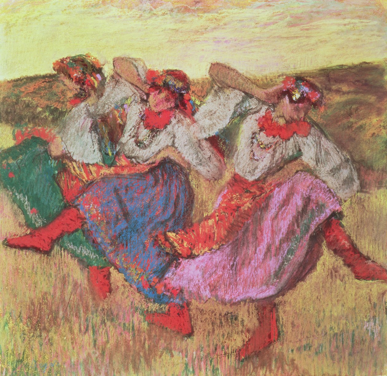 Tre dansere i bondedragt (pastel) af Edgar Degas