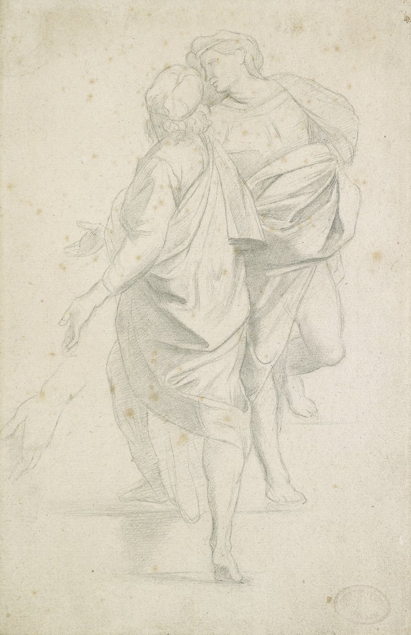 To figurer stående på en trappe efter Raphael (grafit på hvidt papir med fin tekstur) af Edgar Degas