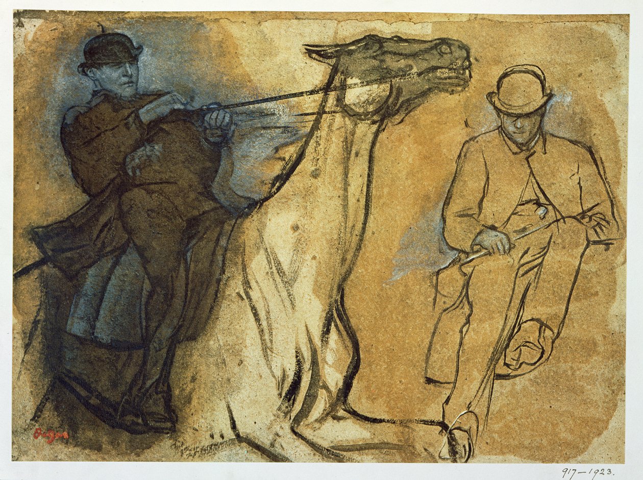 To studier af ryttere (pen og blæk, olie og gouache på bramfrit papir) af Edgar Degas