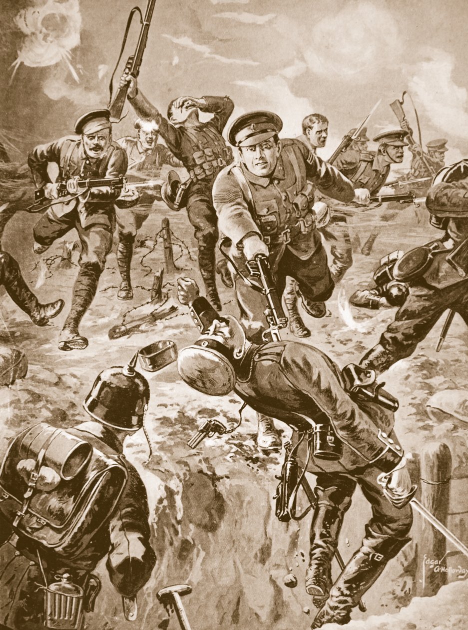 Korporal J. Davies og otte mænd dirigerer med bajonetten et parti tyskere, der tidligere havde omringet dem (litho) af Edgar Alfred Holloway
