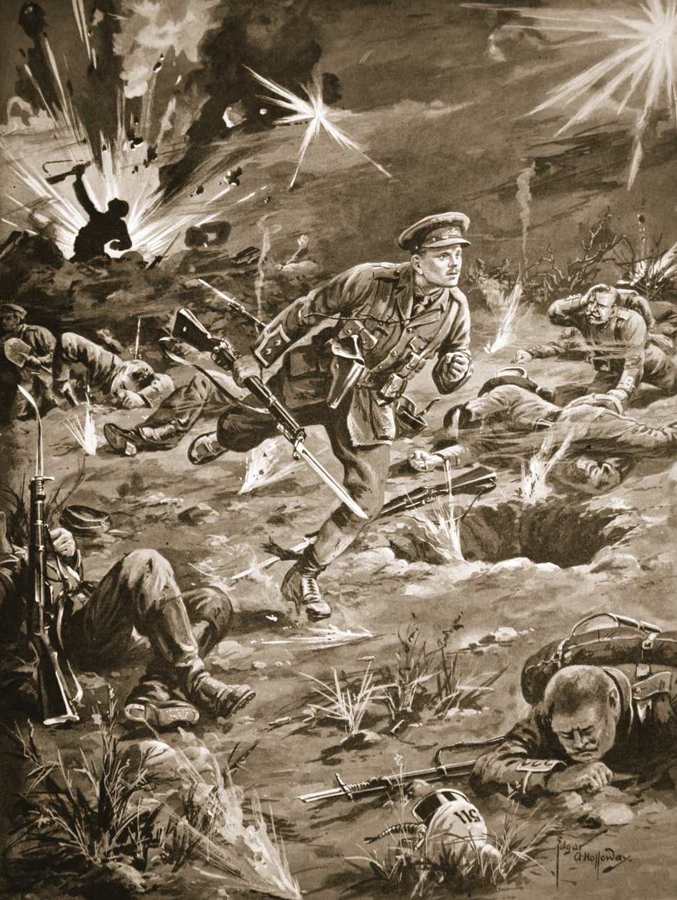 Løjtnant Geary skynder sig under kraftig beskydning til en skyttegrav på højre side af Hill 60 for at komme i kontakt med en officer af Edgar Alfred Holloway