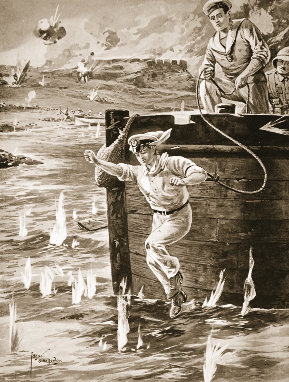 Midtskibsmand Malleson hopper med en line fra en pram for at forbinde en anden pram, der drev af Edgar Alfred Holloway