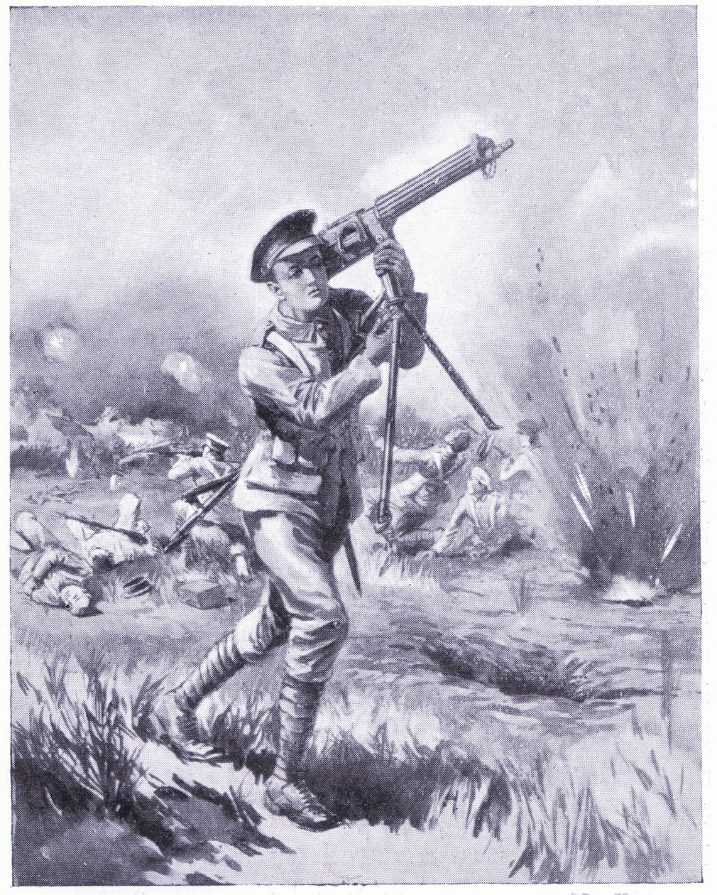 Menig Lynn bærer et maskingevær væk til reparation under kraftig beskydning i slaget ved Aisne. Tildelt DCM 1915 af Edgar Alfred Holloway