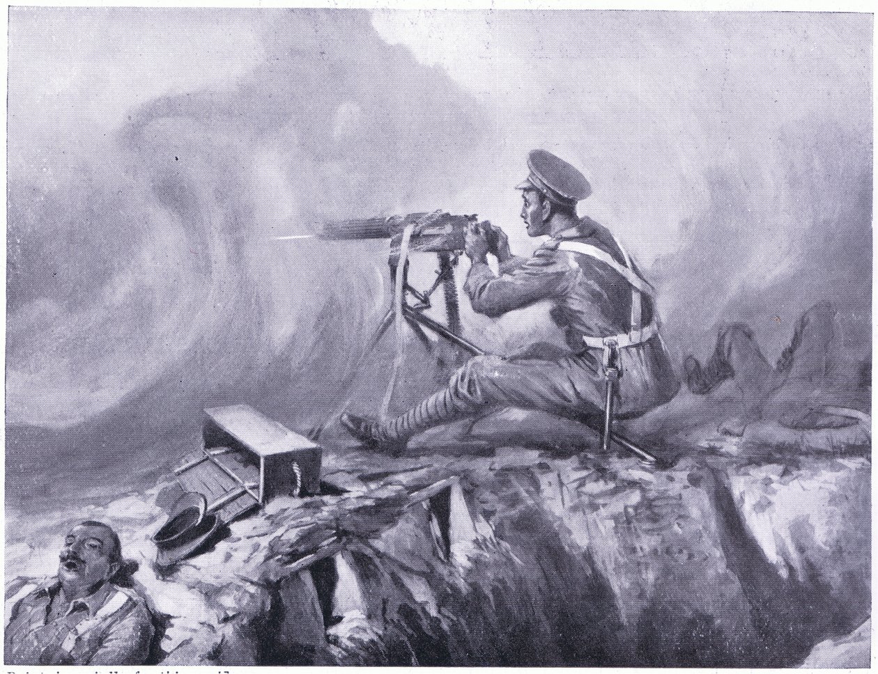Menig Lynn dør af gasforgiftning, serverer et maskingevær og slår et tysk angreb af. Ypres april 1915 af Edgar Alfred Holloway