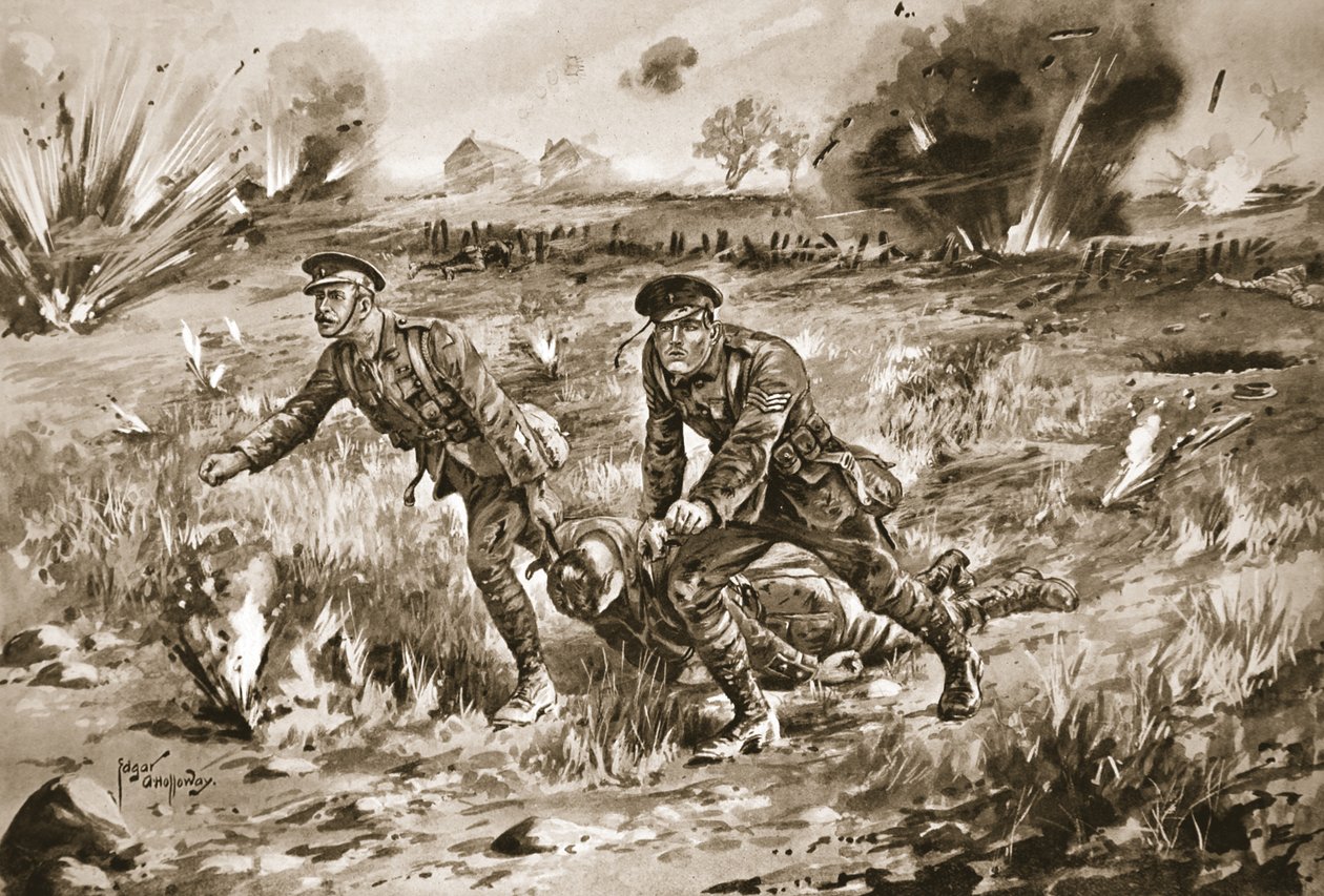 Sergent Gannon bistår en officers ordensmand med at bringe sin sårede herre ind under meget kraftig beskydning af Edgar Alfred Holloway