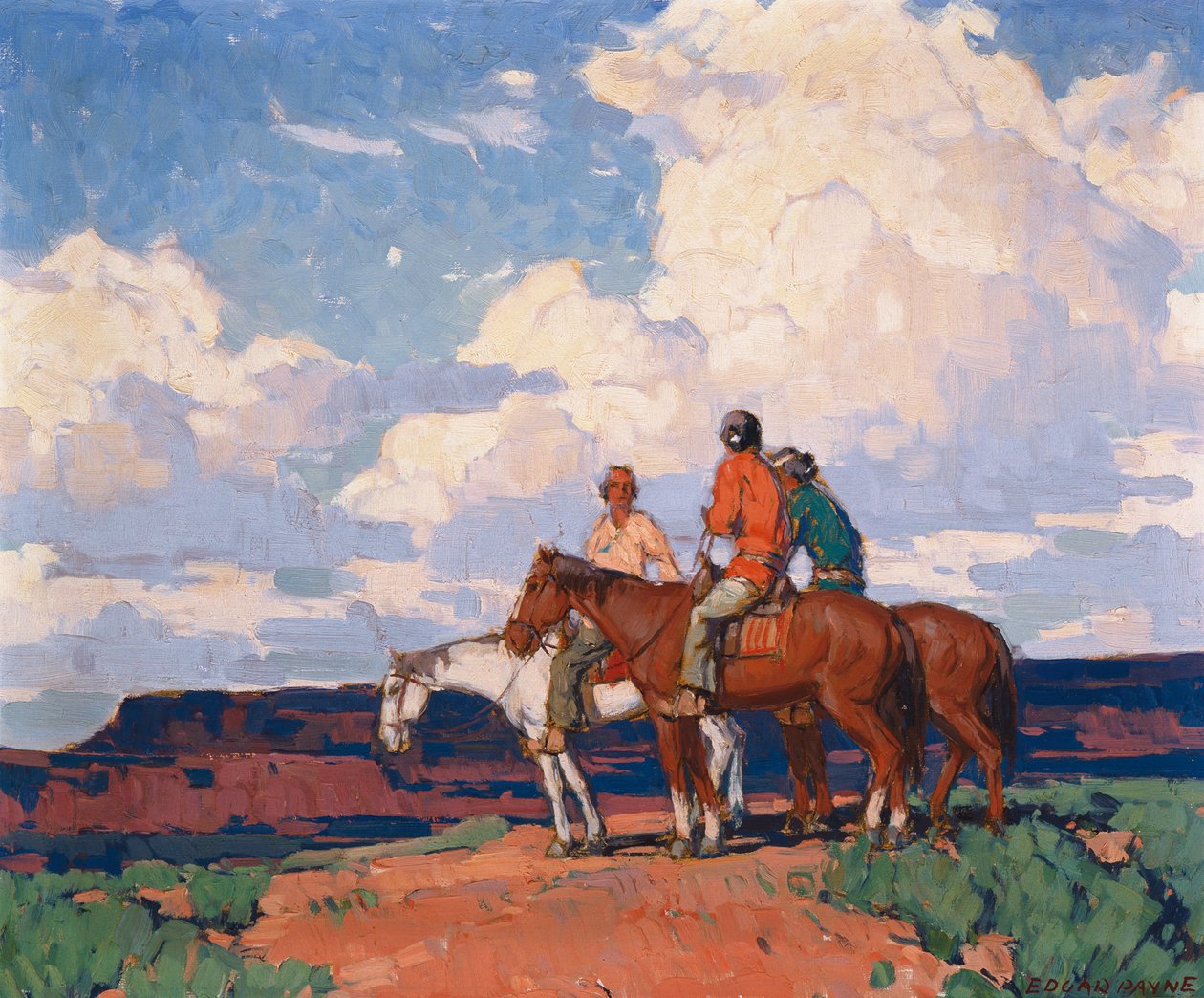 Ryttere til hest (olie på lærred) af Edgar Alwin Payne