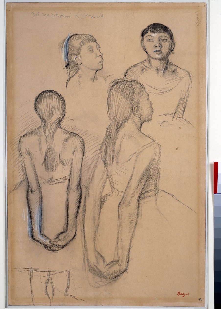 4 studier af unge dansere Tegning af et kridt og kul af Edgar Degas (1834-1917) Dim. 0,49 x 0,31 MParis. Louvre-museet af Edgar Degas