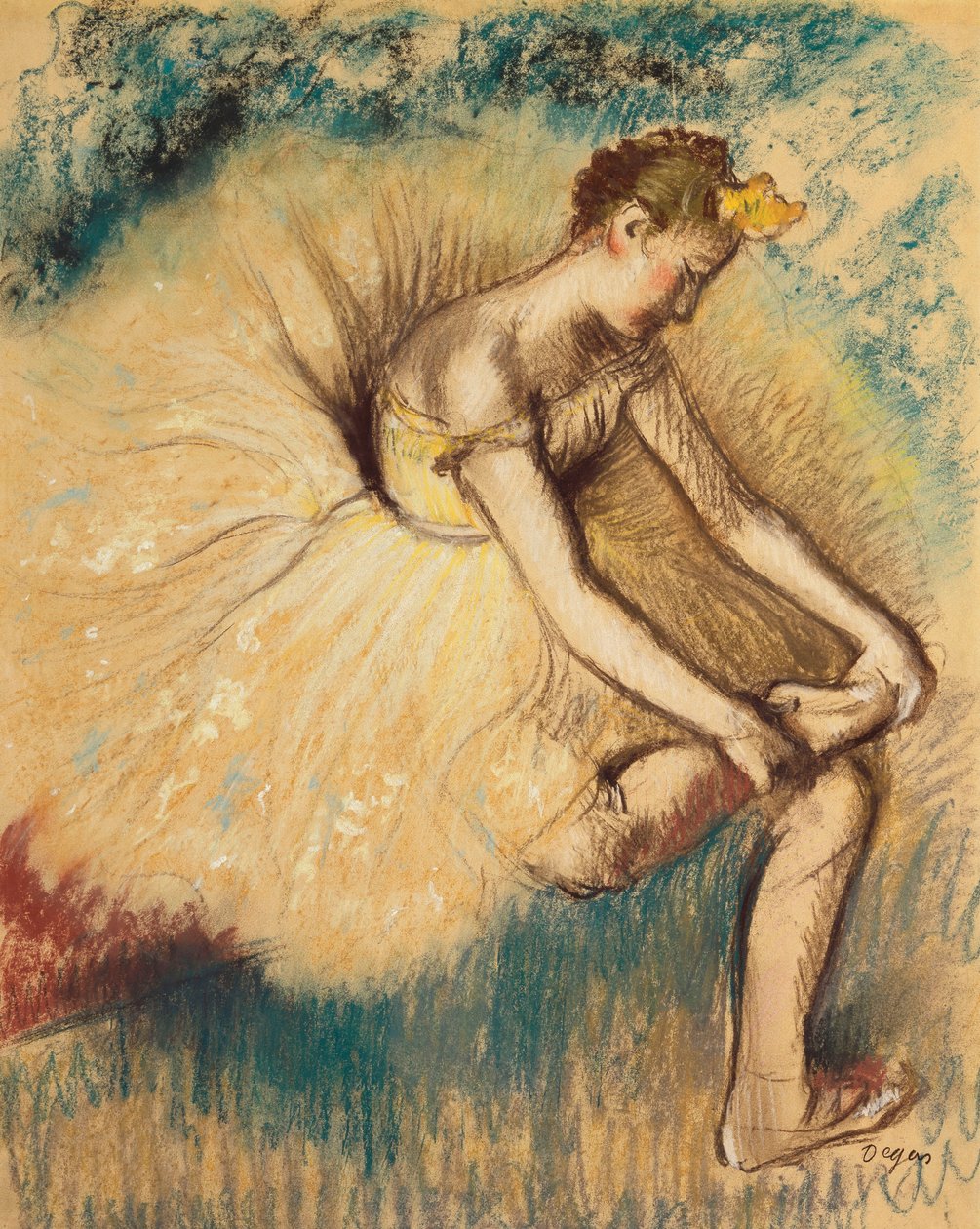 En danser, der tager sin sko på; Danser, der binder sin sko, 1896 af Edgar Degas