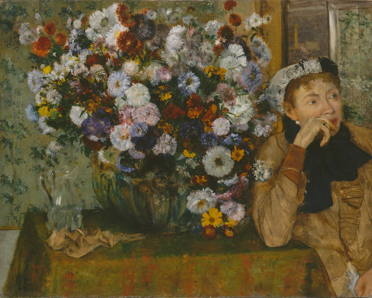 En kvinde, der sidder ved siden af en vase med blomster, Madame Paul Valpinçon, 1865. af Edgar Degas