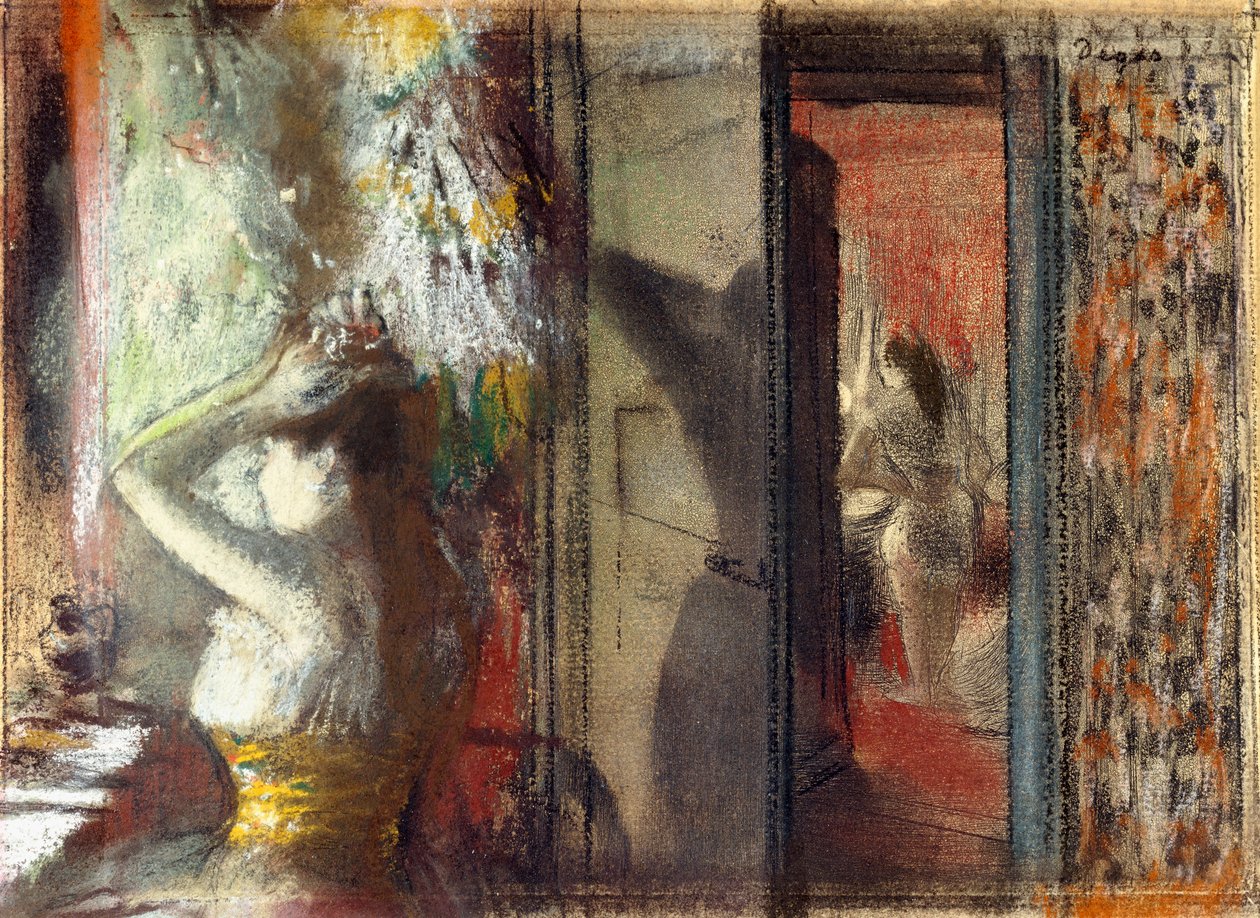 Skuespillerinders omklædningsrum, ca. 1885 (pastel over radering på papir) af Edgar Degas