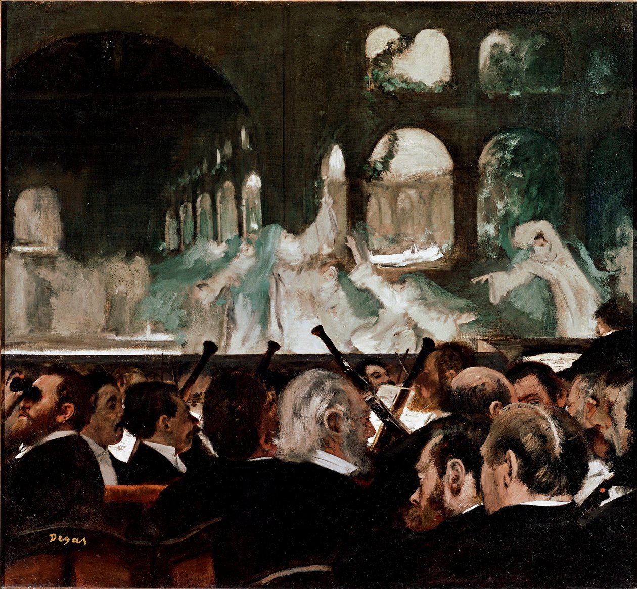 Ved balletten Robert le Diable”” de Meyerbeer”” Ballet komponeret af Jakob (Giacomo) Liebmann Meyerbeer (1791-1864) og Eugene Scribe. Tilskuere på forreste række. Maleri af Edgar Degas (1834-1917) 1876 søn. 75x81 cm London, Victoria and Albert Museum af Edgar Degas