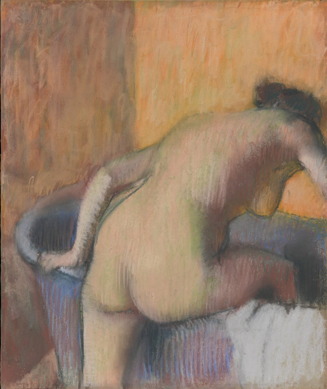 Badende træder ind i et kar, ca. 1890 (pastel og kul på blåt lagt papir monteret på bagplade) af Edgar Degas