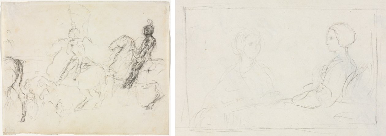 Kampscene med pansrede figurer til hest (recto) To siddende kvinder (verso) af Edgar Degas