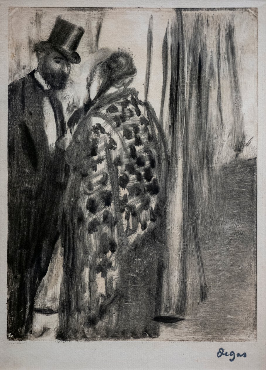 Samtale (Ludovic Halevy og Madame Cardinal). Omkring 1876-1877. Monotype har sorte blækbeslag på et sekundært støttekarton af kunstneren. af Edgar Degas