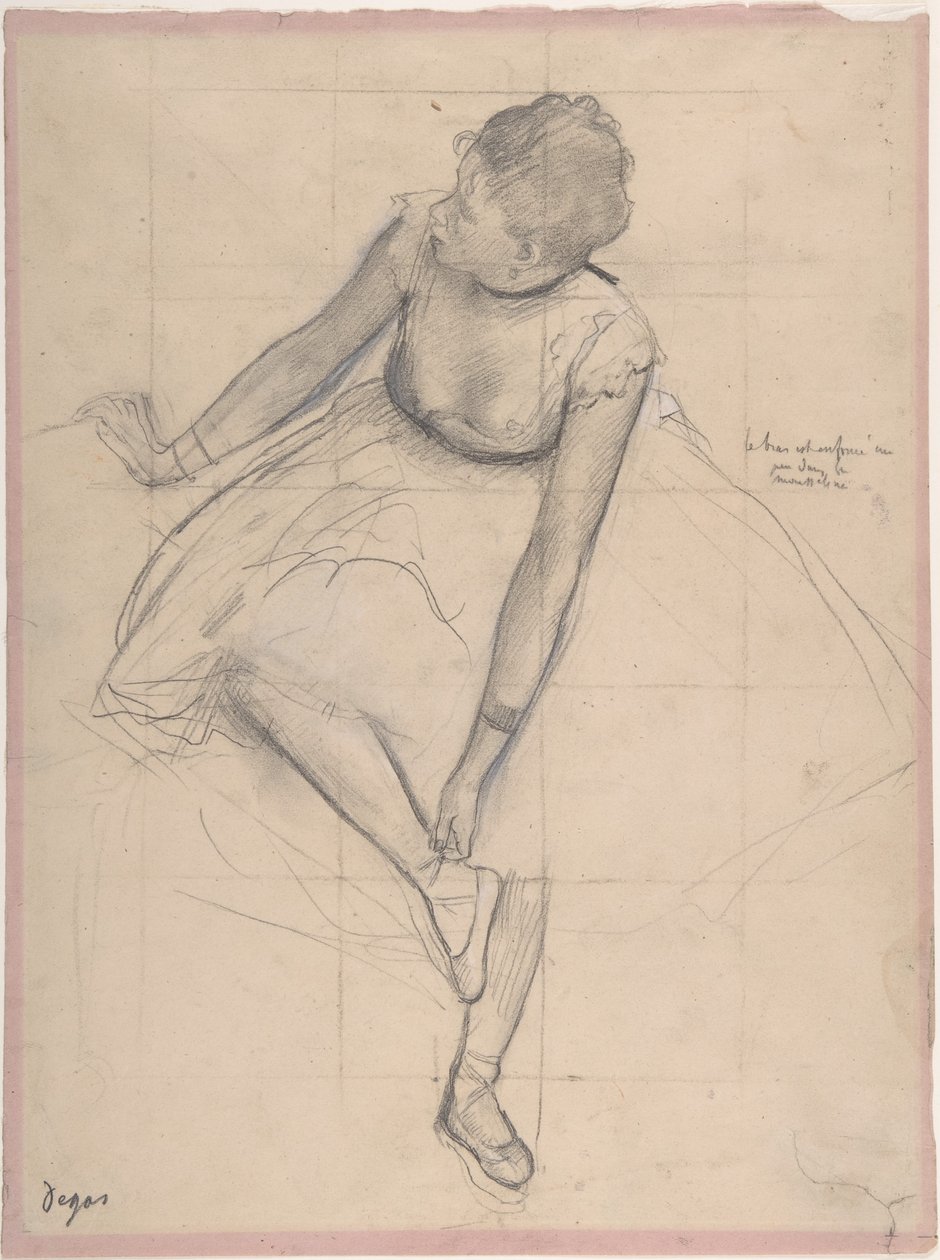 Dancer Adjusting Her Slipper, 1873 (grafit forhøjet med sort og hvid kridt på pink vævet papir) af Edgar Degas