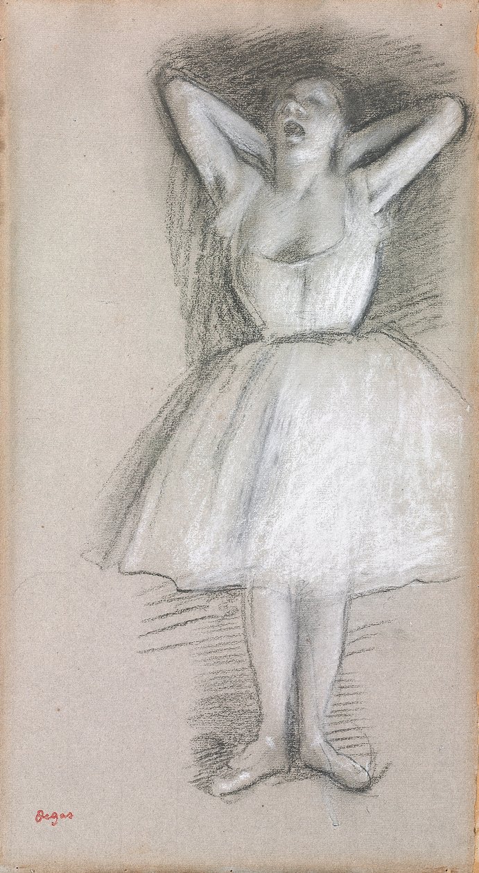 Danser, armene løftet bag hovedet; Danserinde, hendes arme løftet og bragt bag hovedet, af Edgar Degas