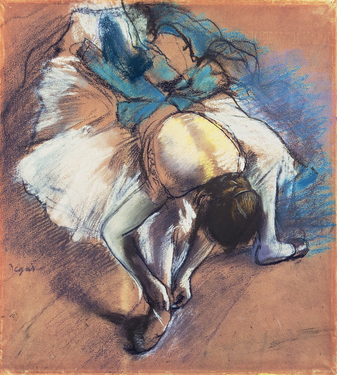 Dancer Fastening her Pump, ca. 1880-85 (pastel og sort kridt på brunfarvet papir) af Edgar Degas