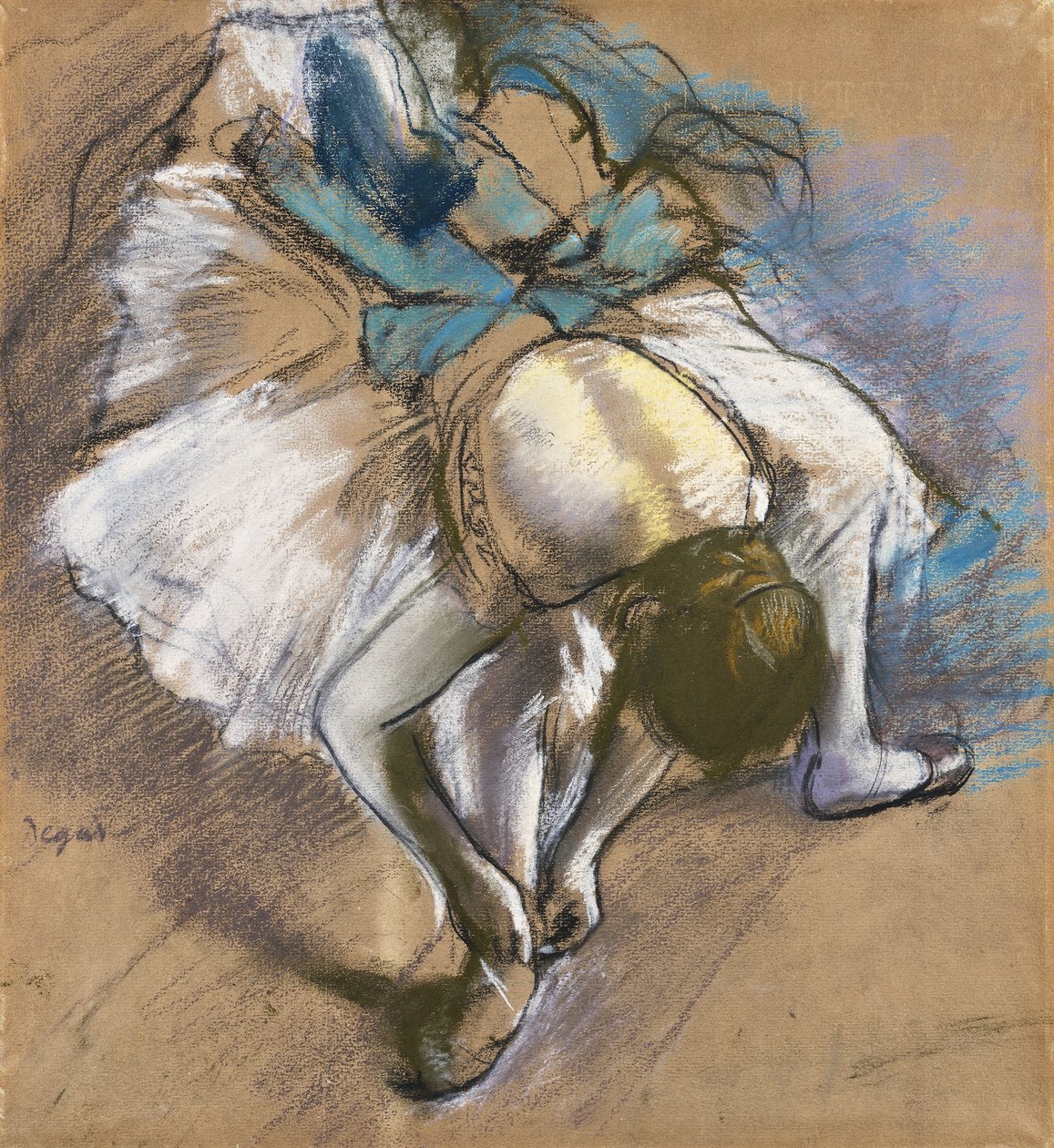 Danser, der tager sine sko på; Danser, der binder sin hjemmesko, ca. 1880-1885 af Edgar Degas