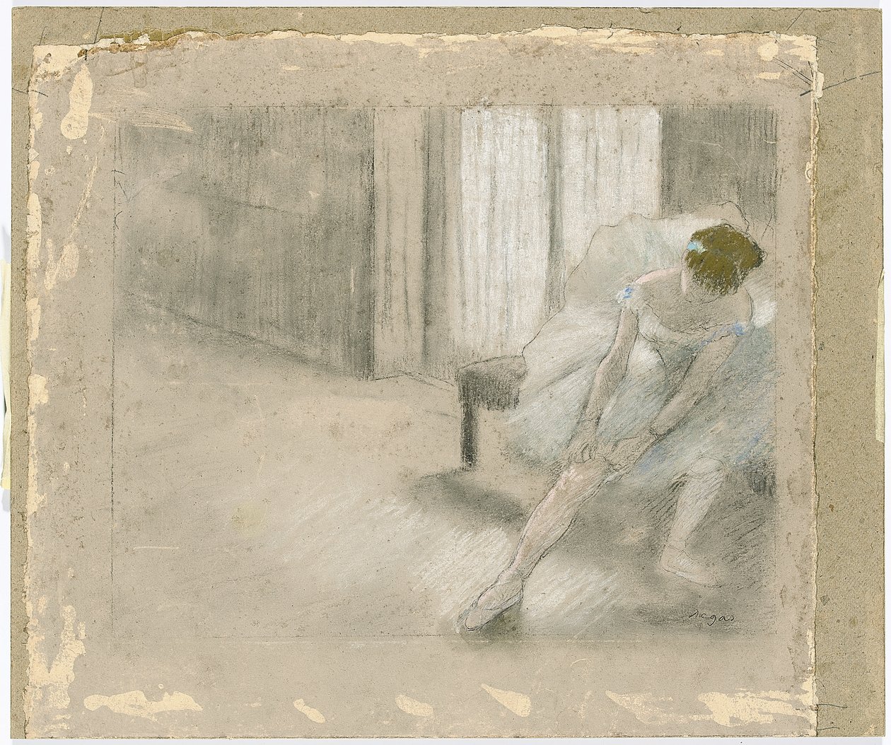Danser Siddende, Justerer sin strømpe, Danseuse tirant søn maillot af Edgar Degas
