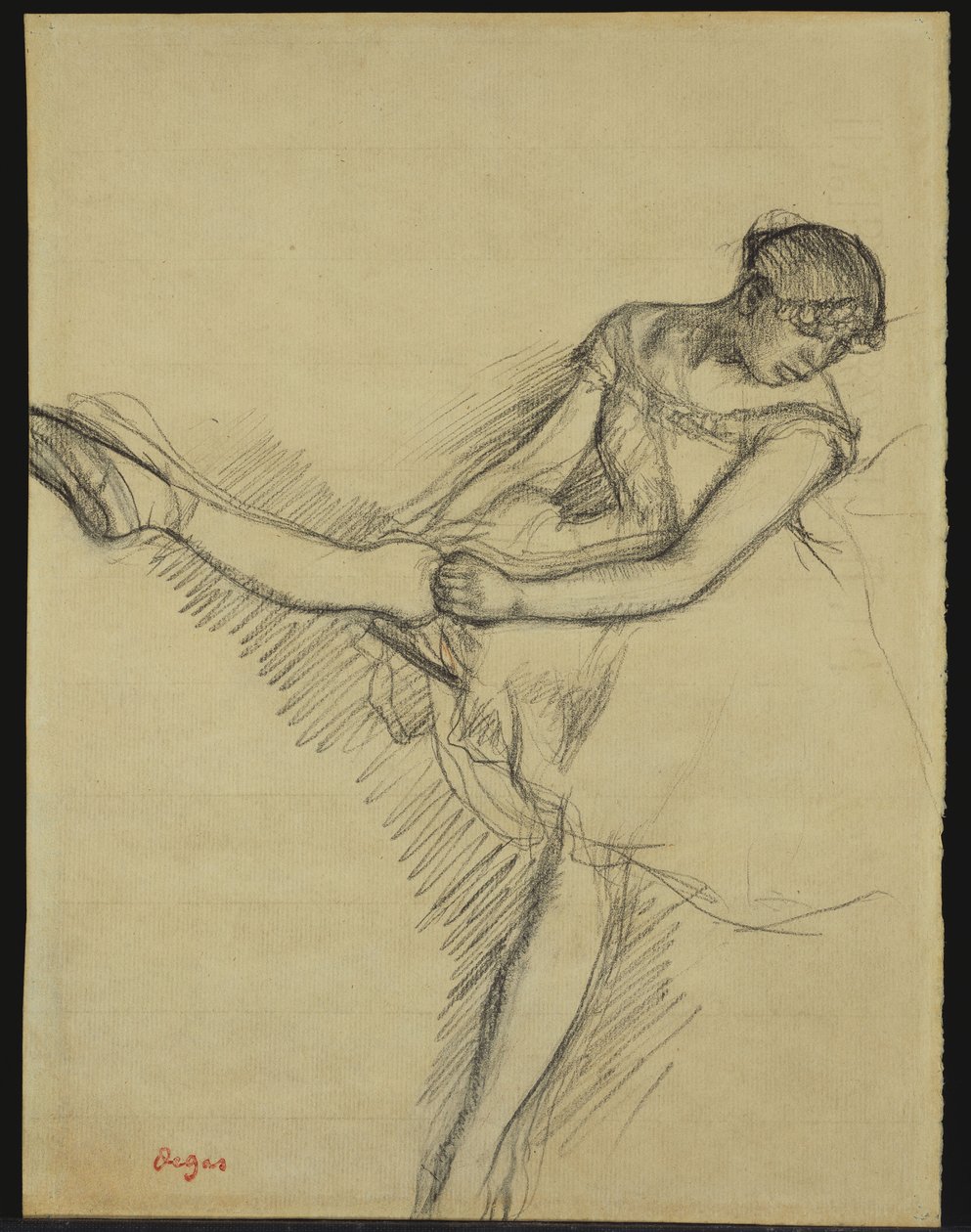 Danserinde, der genjusterer sin strømpe, ca. 1880 af Edgar Degas