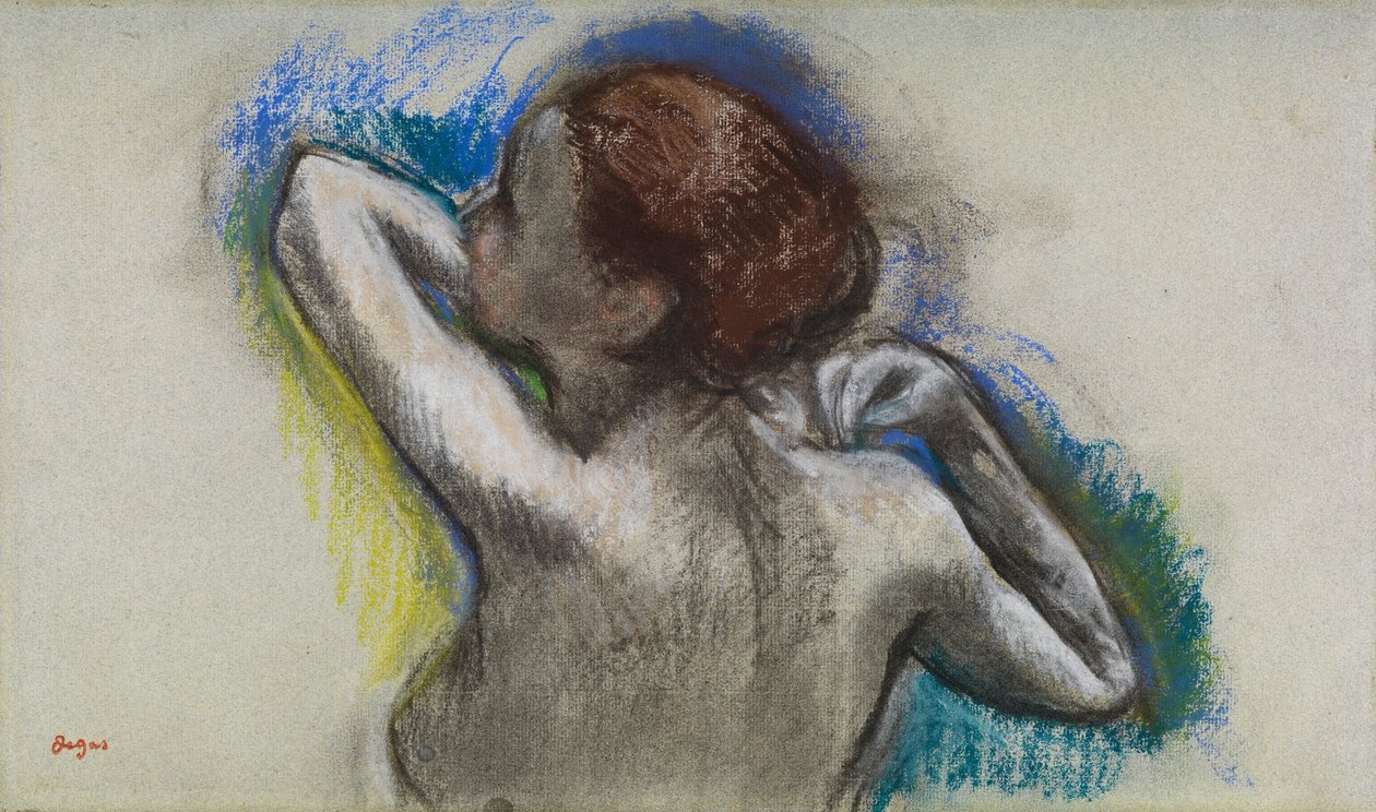 Danserinde justerer sin skulderrem, ca. 1895-1900 (kul & pastel på papir) af Edgar Degas