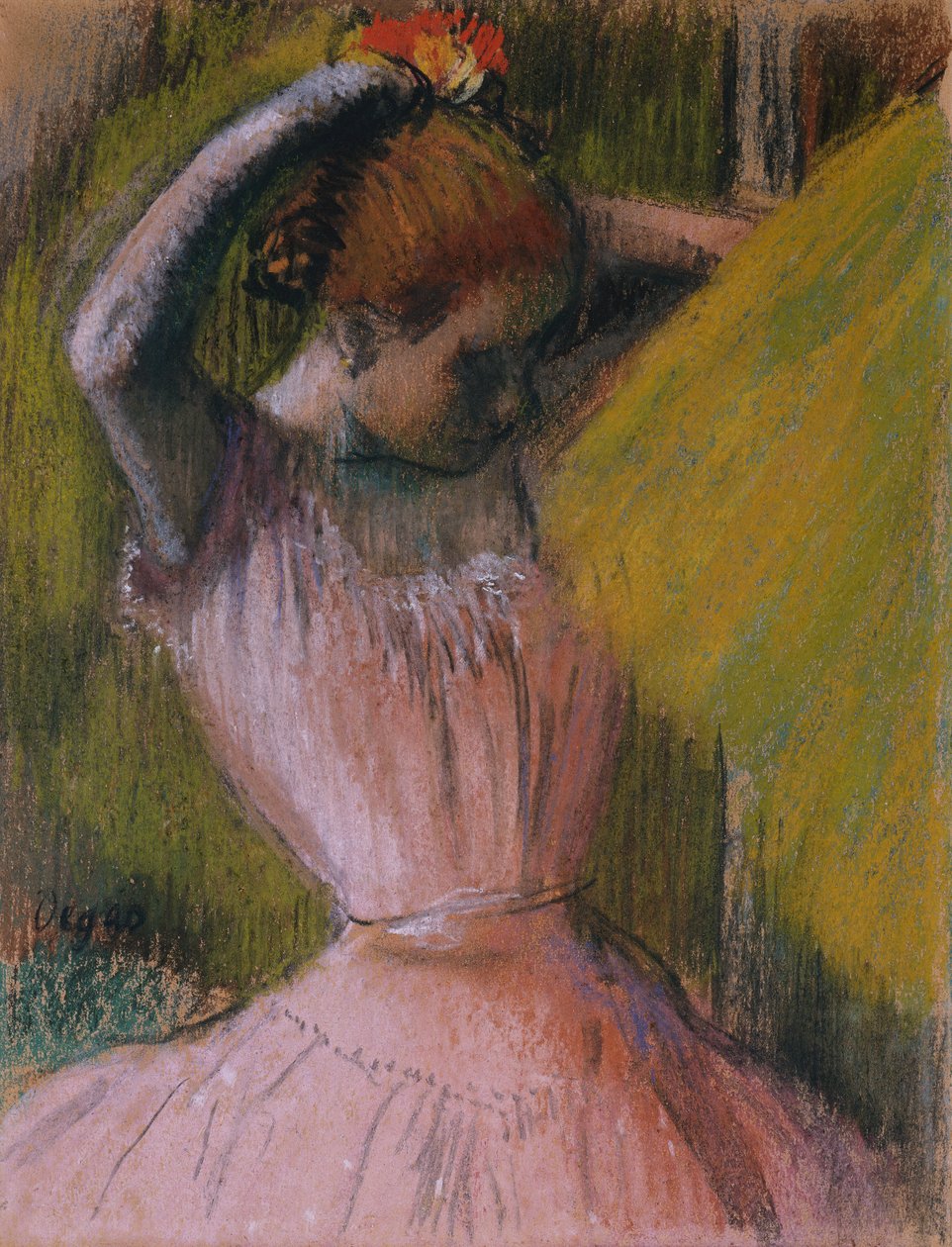 Danser arrangerer sit hår, ca. 1900-1912 (pastel på papir lagt på strakt papir) af Edgar Degas