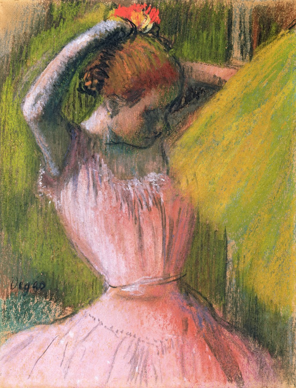 Danserinde ordner sit hår, ca. 1900-12 af Edgar Degas