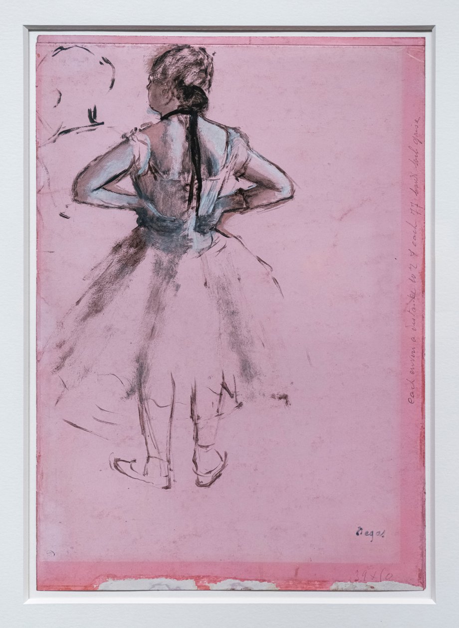 Danser, set bagfra, hænder på hofterne. Omkring 1873. Oliemaleri, på papir af Edgar Degas