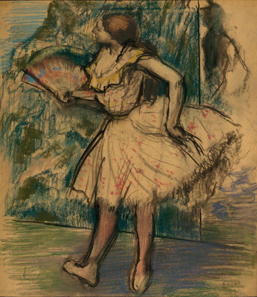 Danser med vifte, ca. 1890-95 (pastel og kul på gulfarvet vævet kalkerpapir) af Edgar Degas