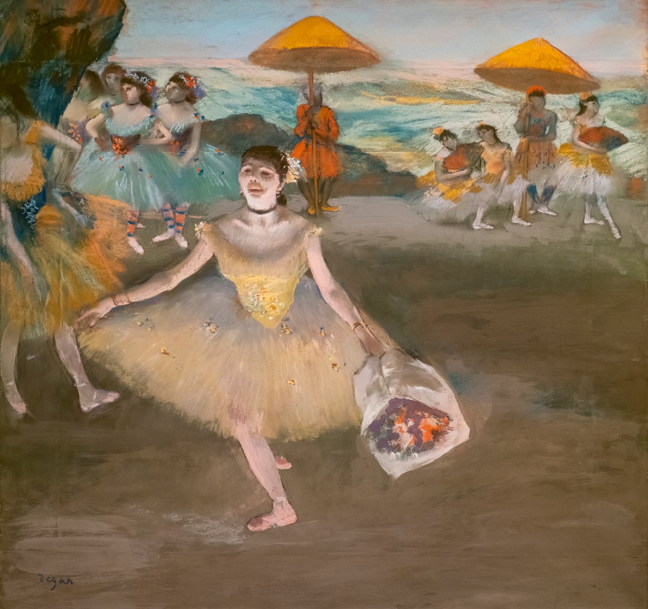 Danser med en hilsenende buket. 1878. Pastel på velin papir maroufle på lærred. af Edgar Degas