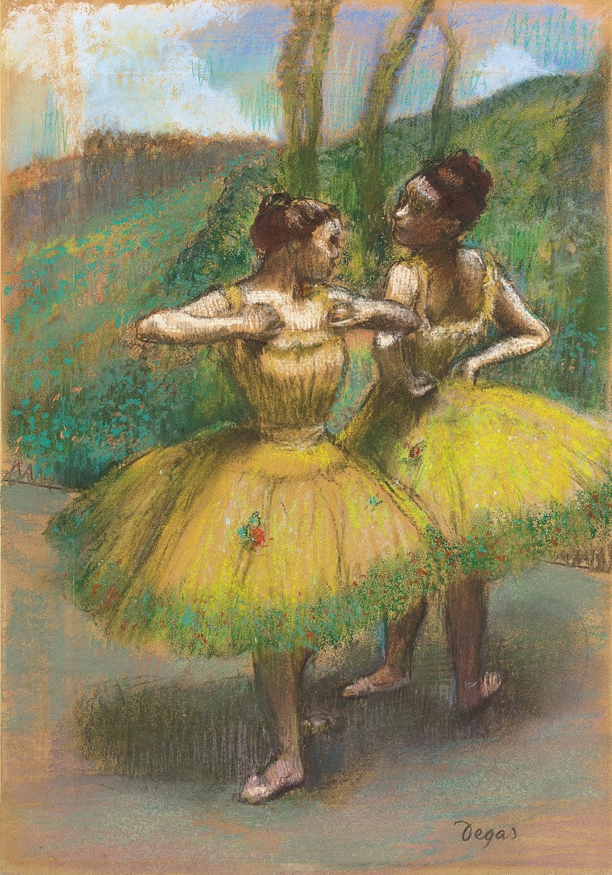 Dansere med gule skørter (to dansere i gult), ca. 1896 (pastel & kul på sammenføjet papir) af Edgar Degas