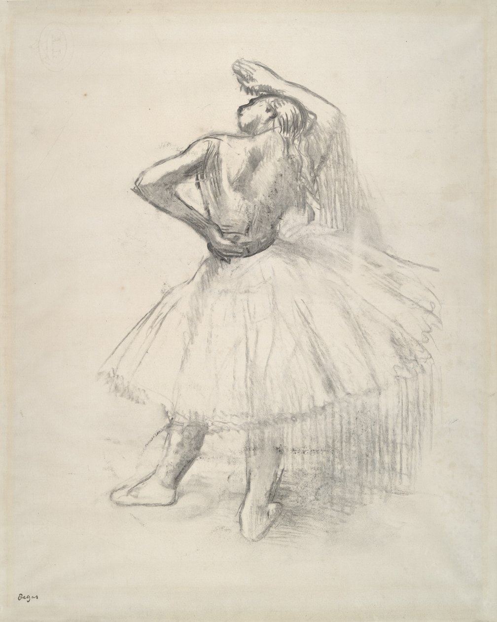 Danser stående, højre arm hævet, ca. 1891 (modbevis for tegning på papir) af Edgar Degas