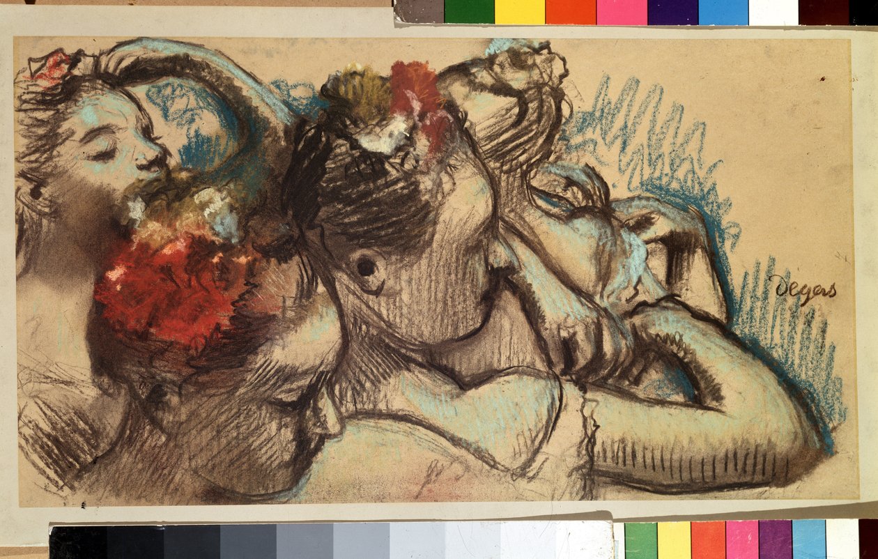 Dansere. Ballerinaer (stjernedansere) tilpasser deres outfits i omklædningsrummene (backstage), inden de går til dans på scenen. Tegning af Edgar Degas (1834-1917) af Edgar Degas