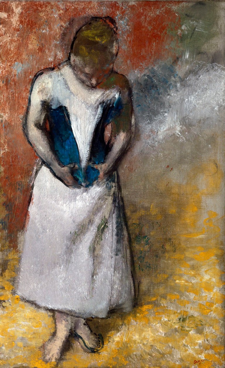 ""Femme de face, fermant søn korset"" (Kvinde stående forfra og spænder om sit korset) Peinture d