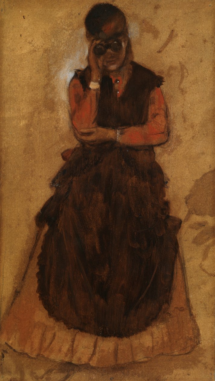 Tyttö katsoo oopperalasien läpi (öljy paneelissa) af Edgar Degas