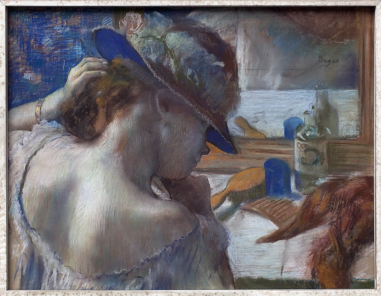 Foran spejlet. Værk af Edgar Degas (1834-1917), pastel omkring 1889. Fransk kunst af Edgar Degas