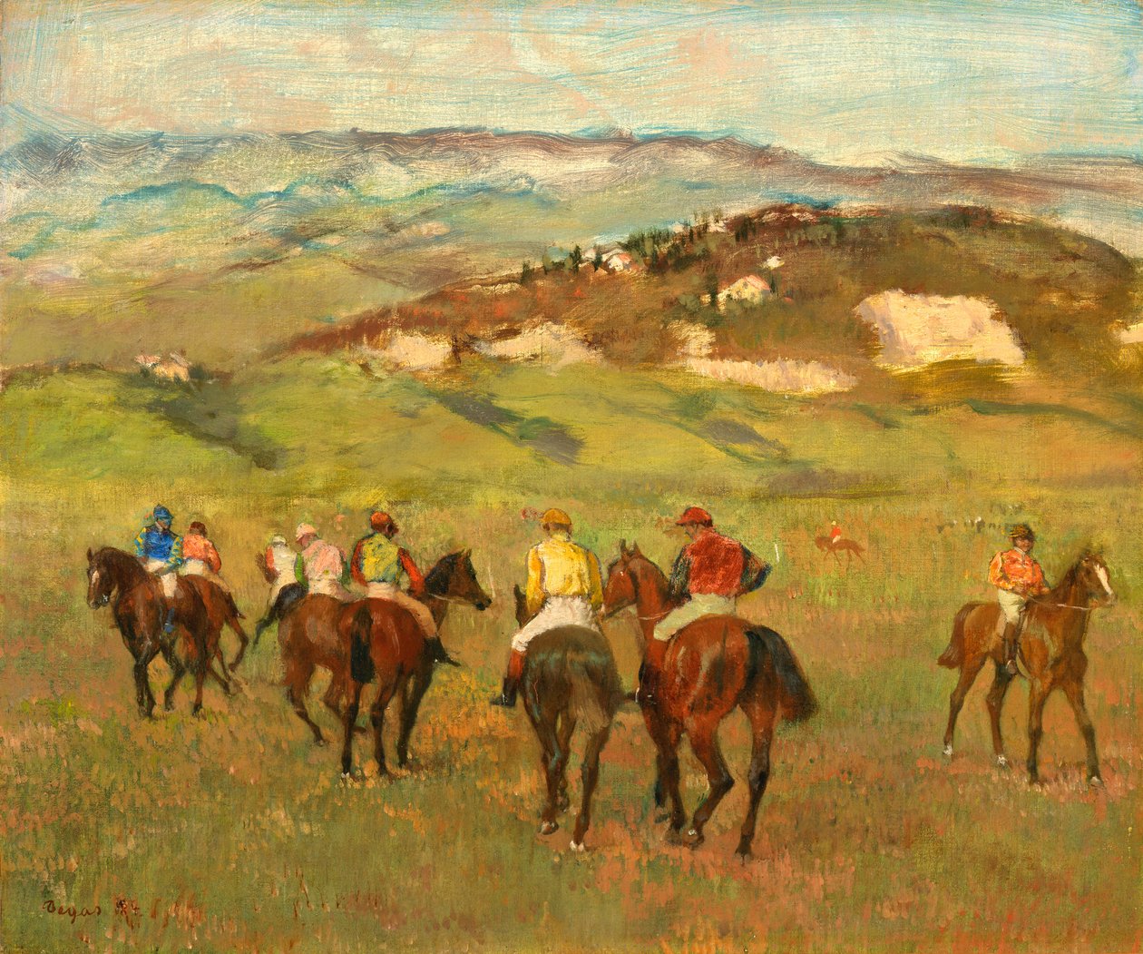 Jockeyer på hesteryg før Distant Hills, 1884 af Edgar Degas