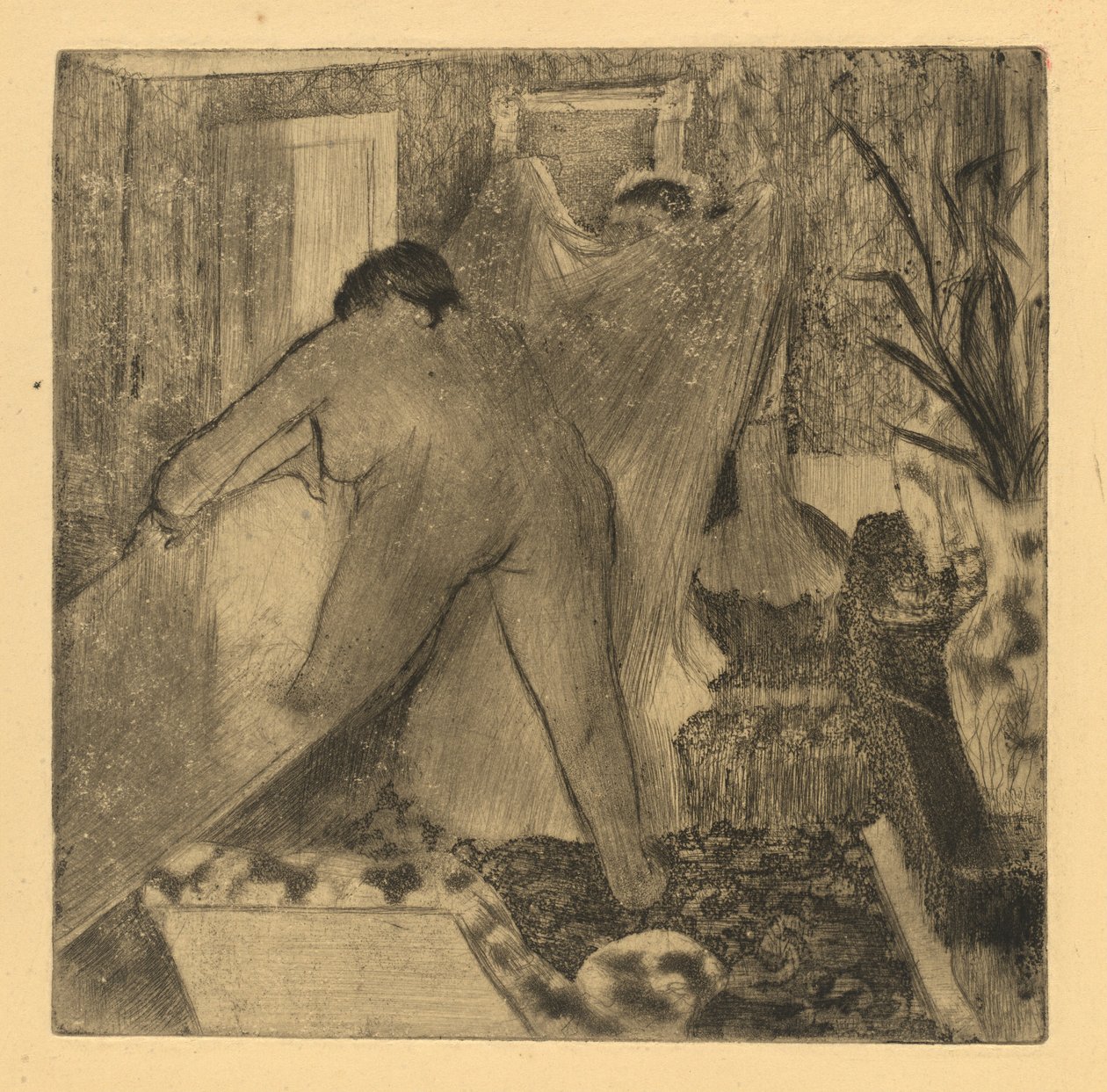 Forlader badet, 18791880. af Edgar Degas