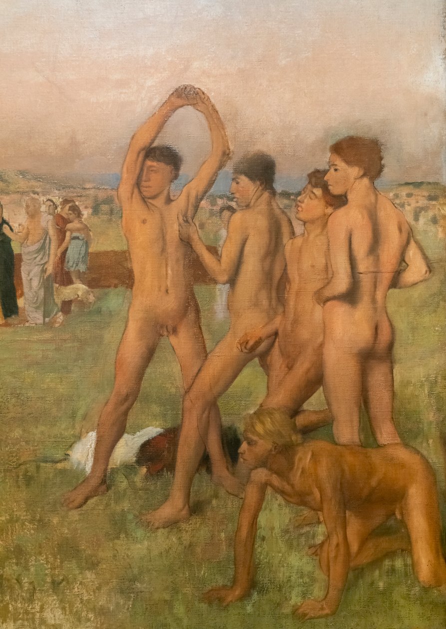 Små spartanske piger provokerer drenge (detaljer). Omkring 1860-1862, genoptaget før 1880. Olie på lærred af Edgar Degas