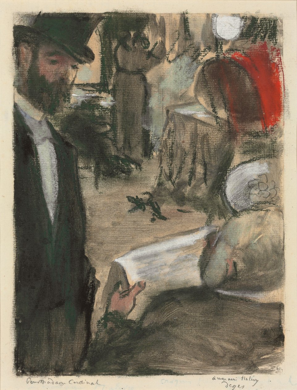 Ludovic Halevy fandt madame kardinal i en lounge; Ludovic Halevy finder Madame Cardinal i en æske, 1876-1877 af Edgar Degas