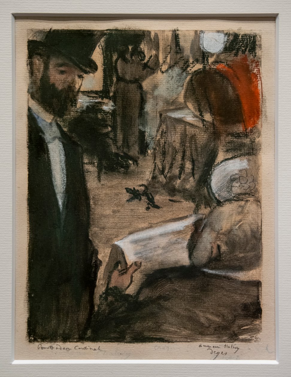 Ludovic Halevy finder Madame Cardinal i et omklædningsrum. Omkring 1876-1877. Pastel og blyant på monotypi. af Edgar Degas