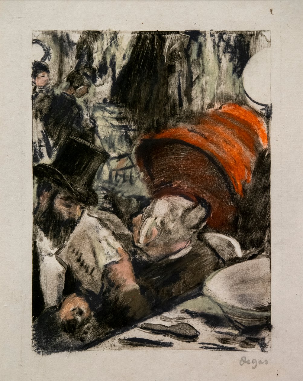 Ludovic Halevy hører historien om Madame Cardinal i et omklædningsrum. Omkring 1876-1877. Pastel på monotype med sort blæk, første test. af Edgar Degas