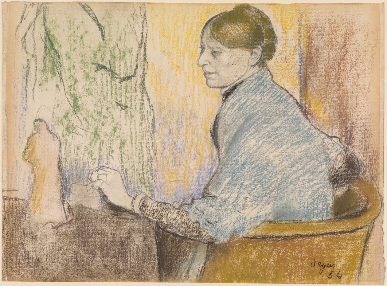 Madame Henri Rouart i en lænestol foran et lille bord med en Tanagra-statuette af Edgar Degas