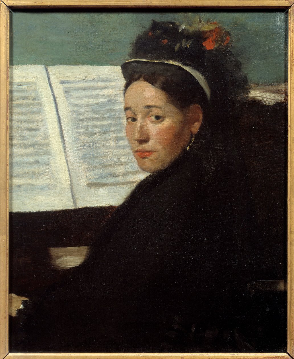 Mademoiselle Dihau (1843-1935) pianist ved koncertsøjlen, ved klaver Maleri af Edgar Degas (1834-1917) 1869 Søn. 0,45x0,32 m Paris, musee d