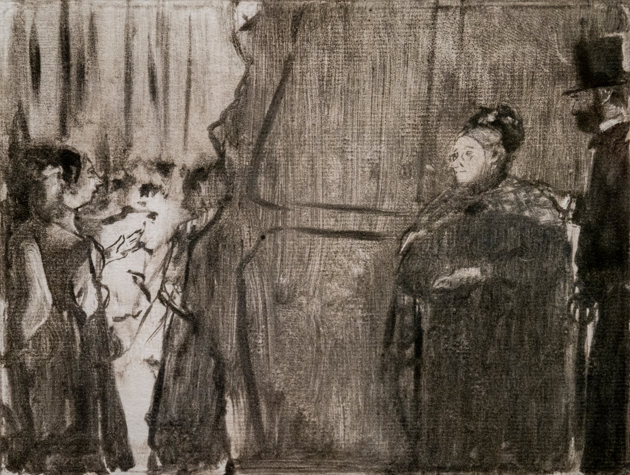 Mød Ludivic Halevy og Madame Cardinal bag kulisserne. Omkring 1876-1877. Monotype har sort blæk. af Edgar Degas