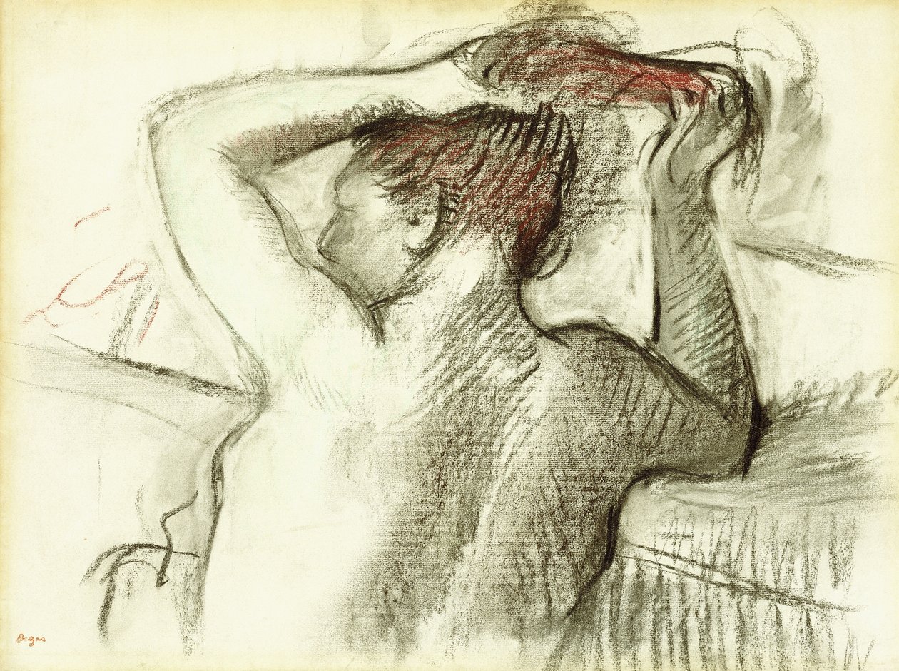 Nøgen kvinde styler sit hår af Edgar Degas