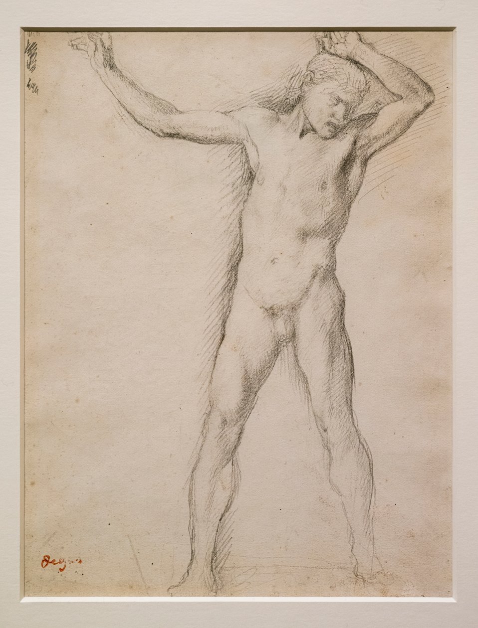 Nøgent ansigt, arme løftet, ca. 1859-1861. Grafit på velinpapir. af Edgar Degas