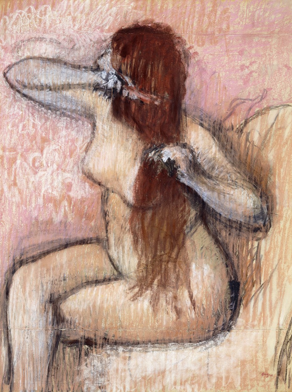 nøgen siddende kvinde arrangerer hendes hår; Siddende nøgen kvinde reder sit hår, ca. 1887-1890 af Edgar Degas